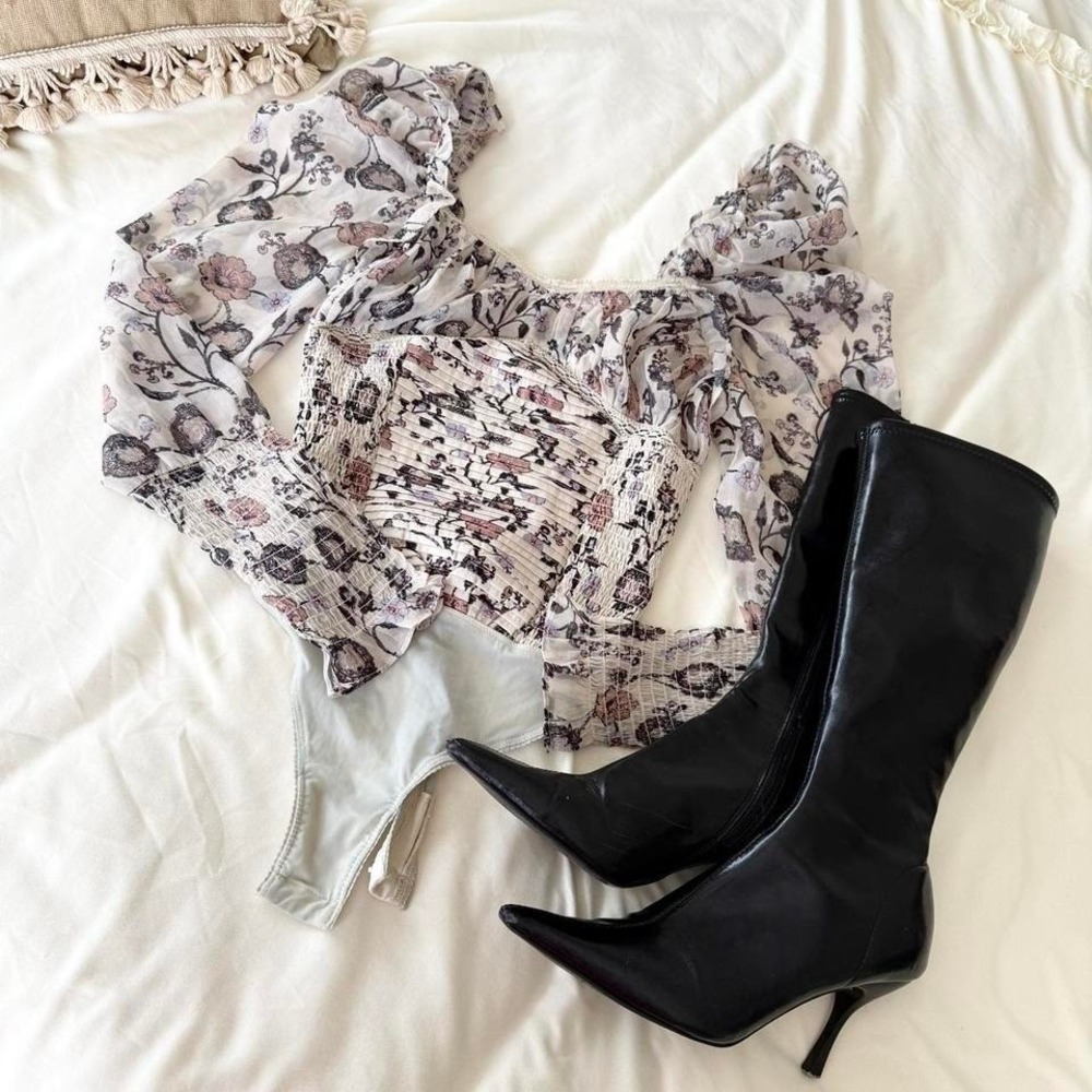 free people floral sheer long sleeve bodysuit womens small‎